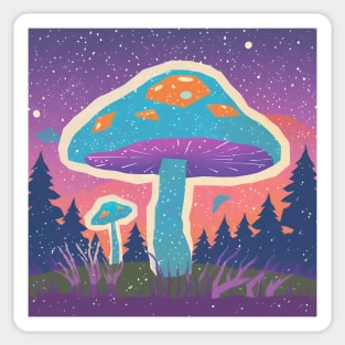 Psychedelic Mushroom Forest - Vibrant Risograph Art Sticker
